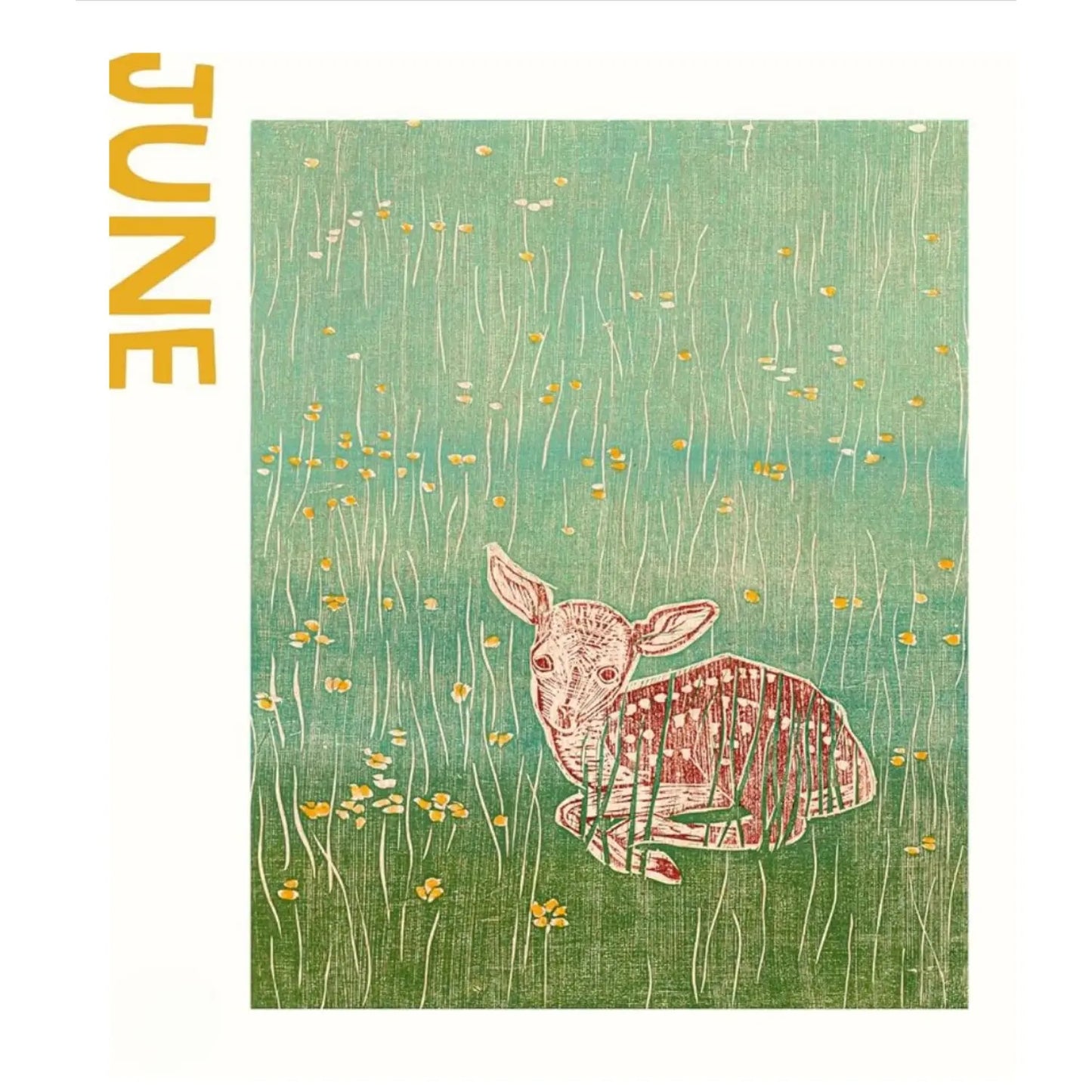 A woodcut of a fawn in a meadow with the text June