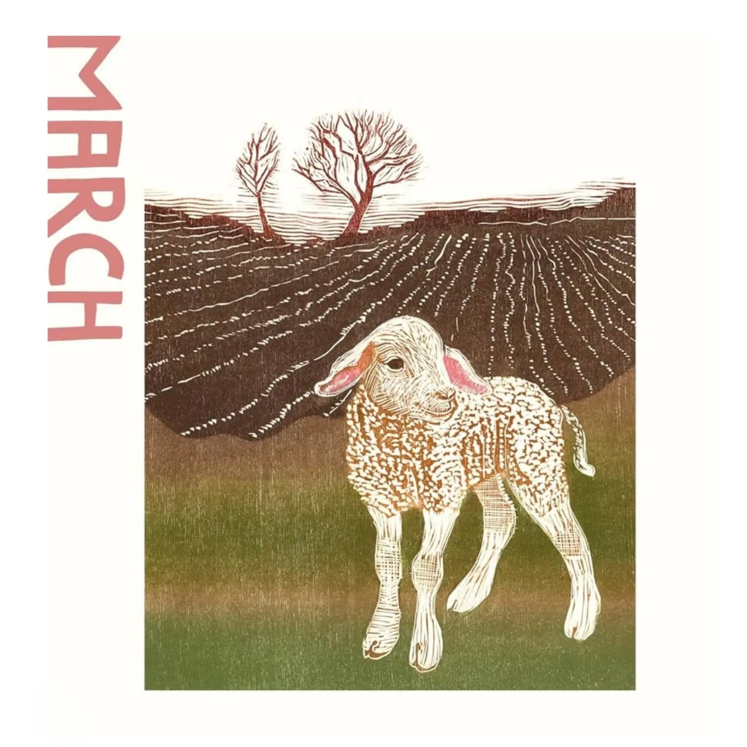 A woodcut illustration of a white lamb standing in a green field with a brown plowed field