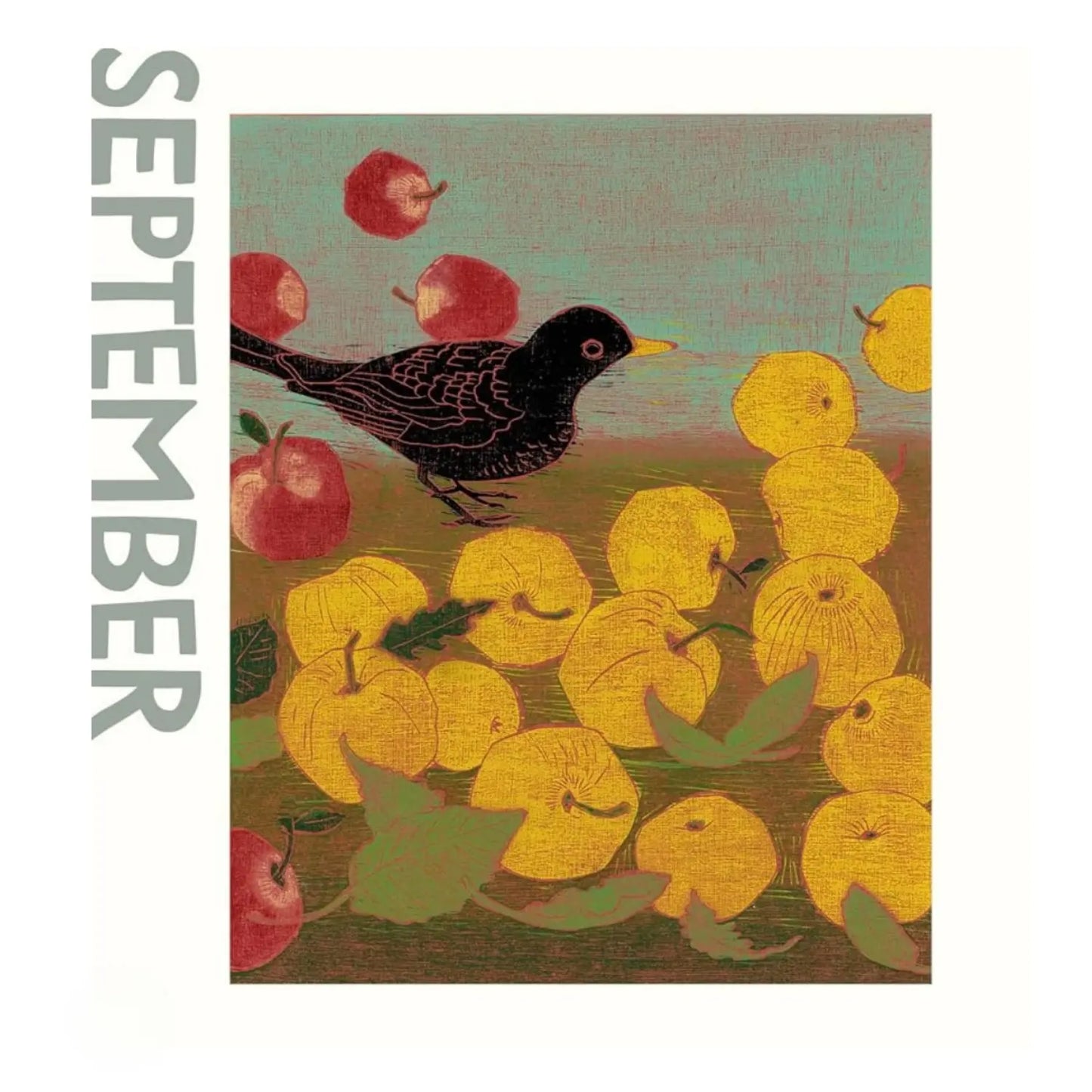 a woodcut illustration of a bird and apples and the text September