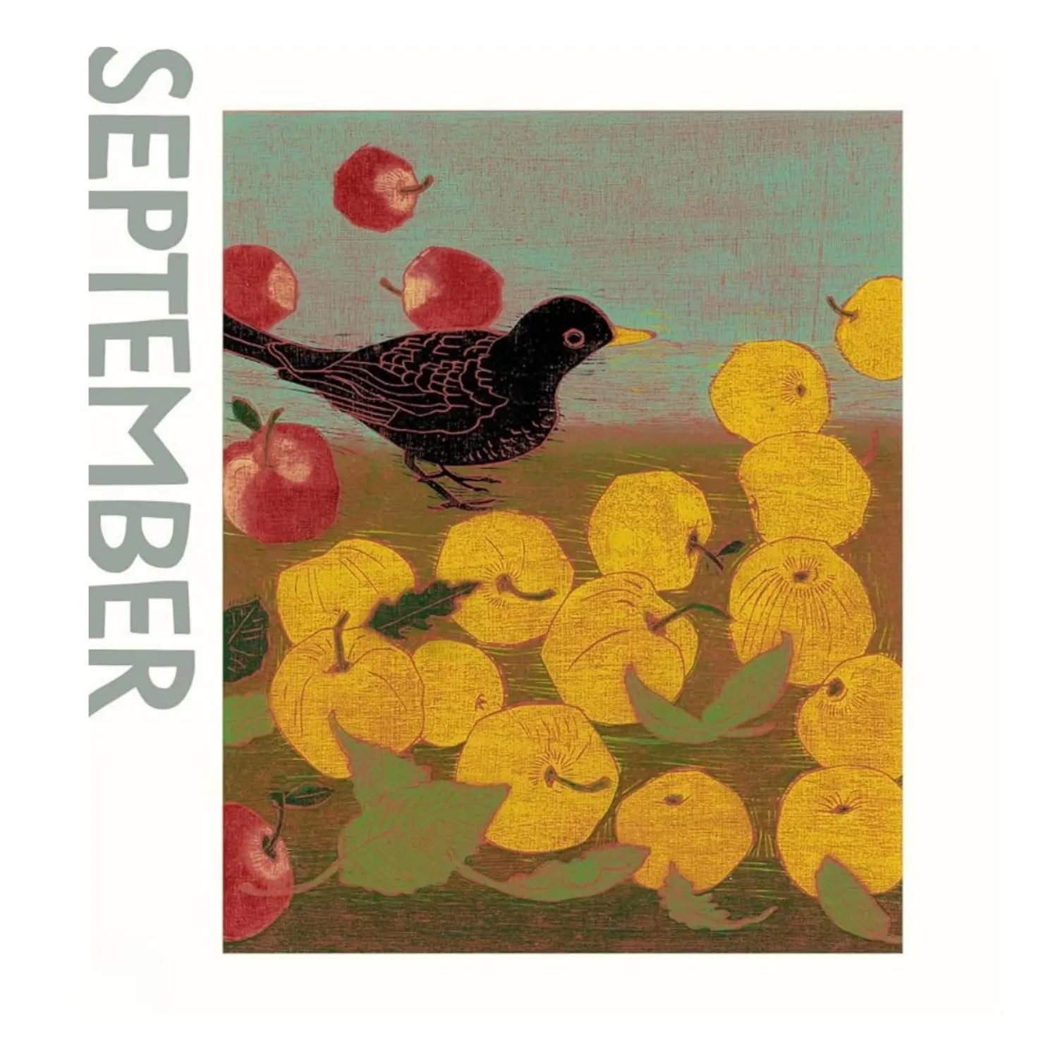 a woodcut illustration of a bird and apples and the text September