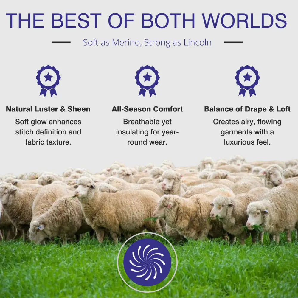Polwarth sheep on grass with text about fabric properties and a brand logo.