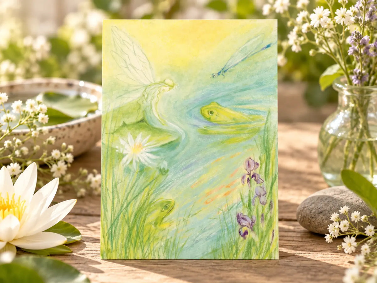 Marjan van Zeyl fairy pond postcard featuring two green frogs, a delicate water fairy, and dragonfly among pond flowers, displayed on a sunlit wooden table with white blossoms.