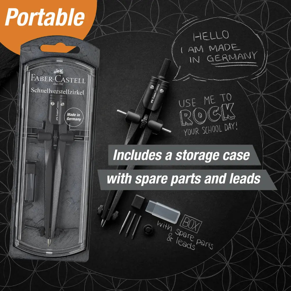 Portable quick-set compass with storage case, spare parts, and leads for school use