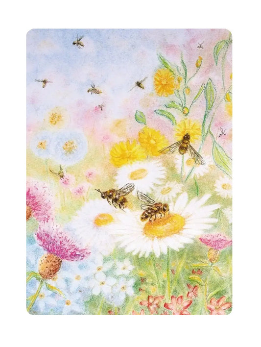 Floral design postcard with bees on a colorful background