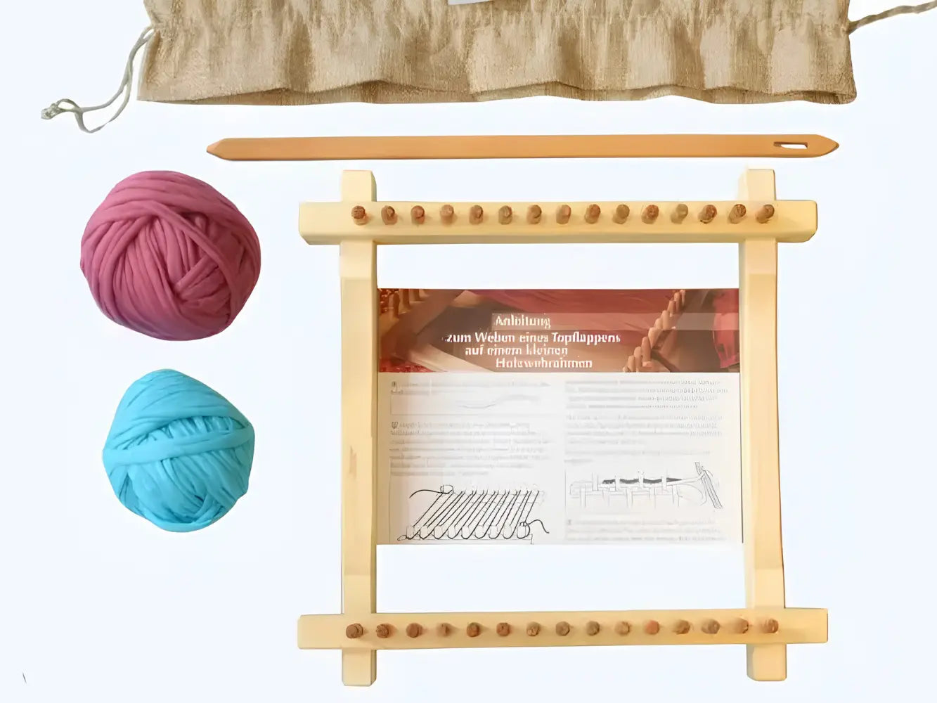 Oven cloth potholder loom with yarn and instructions on a white background
