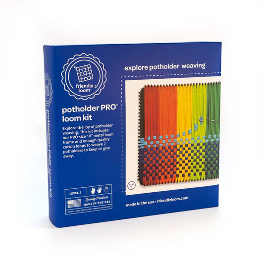 Blue packaging of a potholder loom kit with colorful woven design on a white background