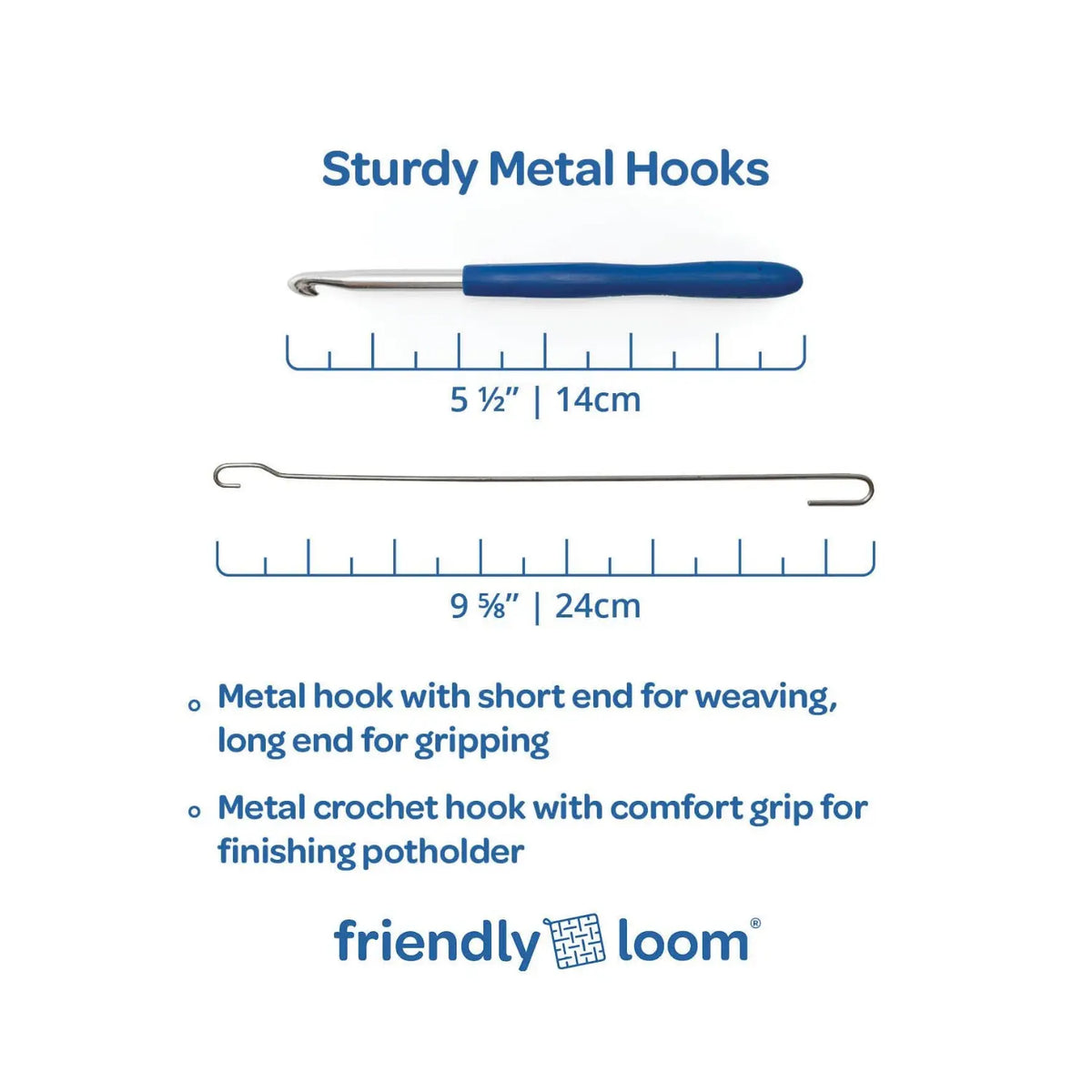 Metal potholder weaving hook and crochet hook with blue comfort grip, shown with measurements