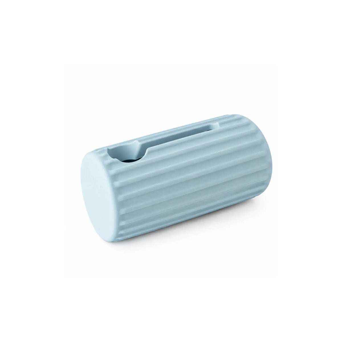 Powder blue Calla & Friends Ripple silicone bath spout cover on a white background