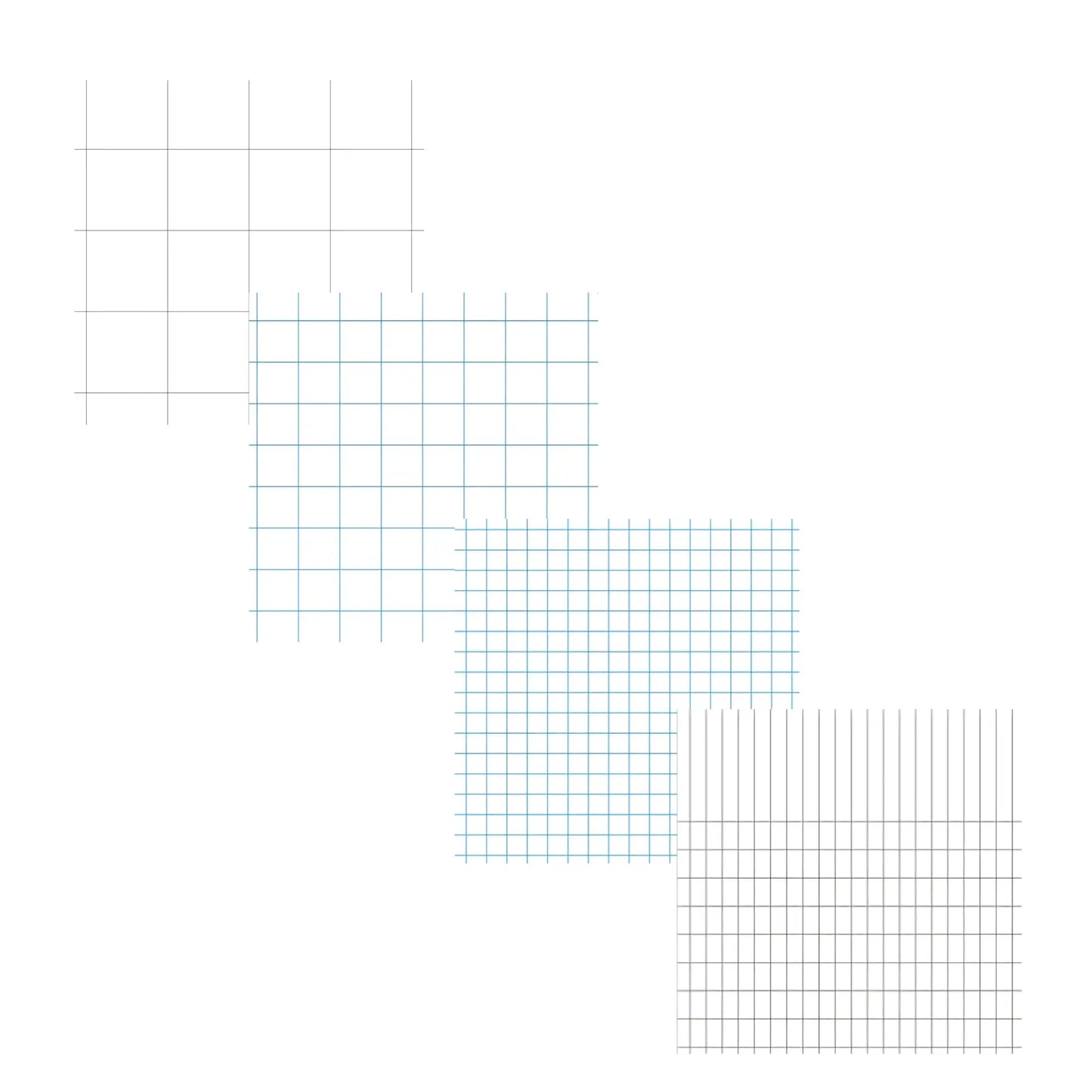 four graph paper grid patterns on a white background