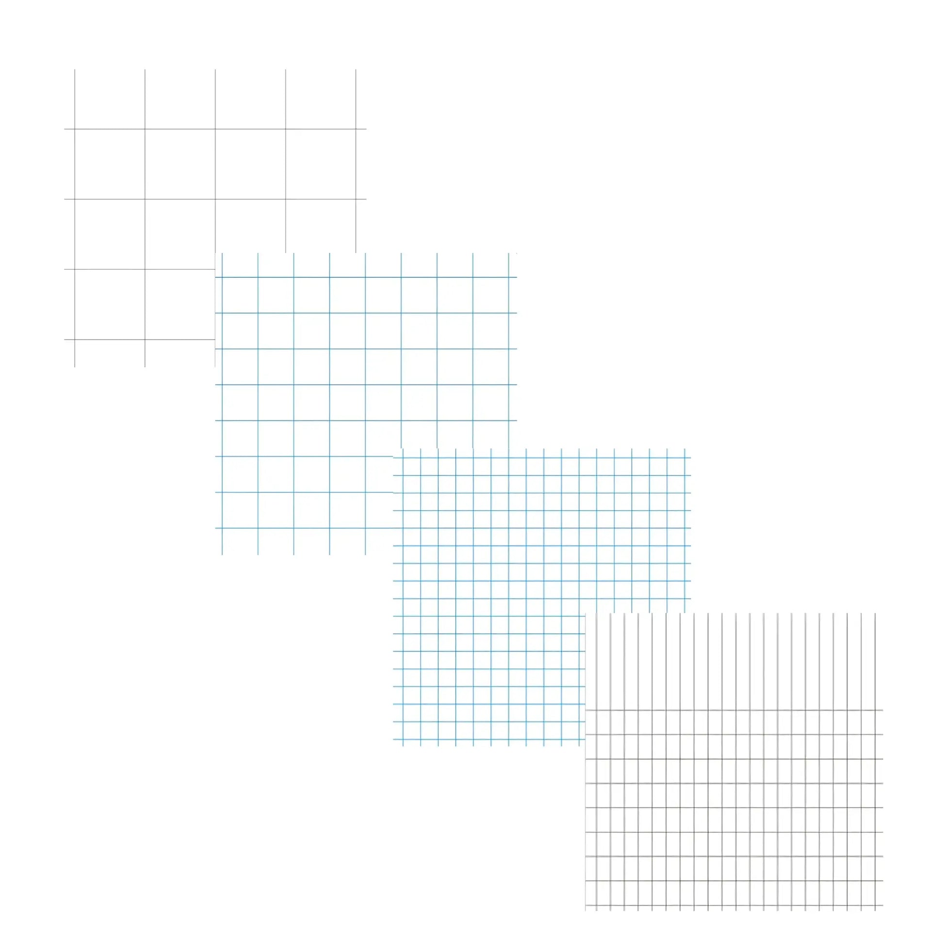 four graph paper grid patterns on a white background