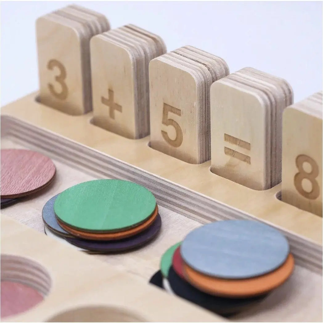 Wooden educational toy with number and arithmetic symbols