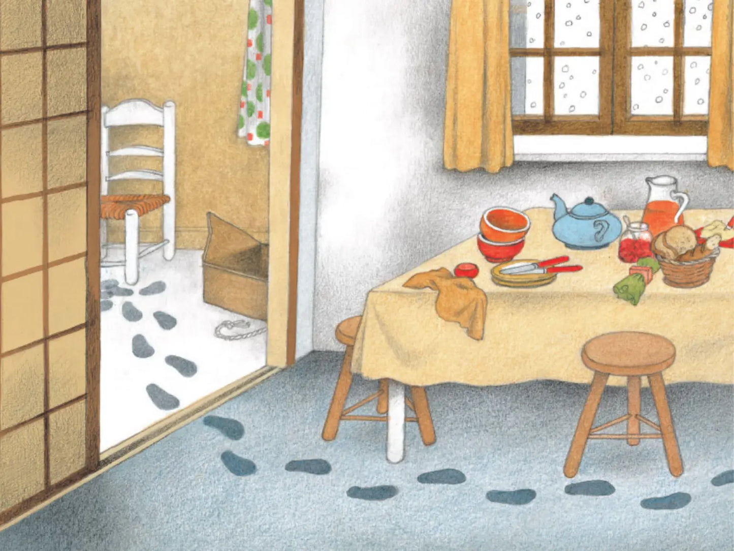 Illustration of a cozy room with a table set for tea, a chair, and a sliding door.