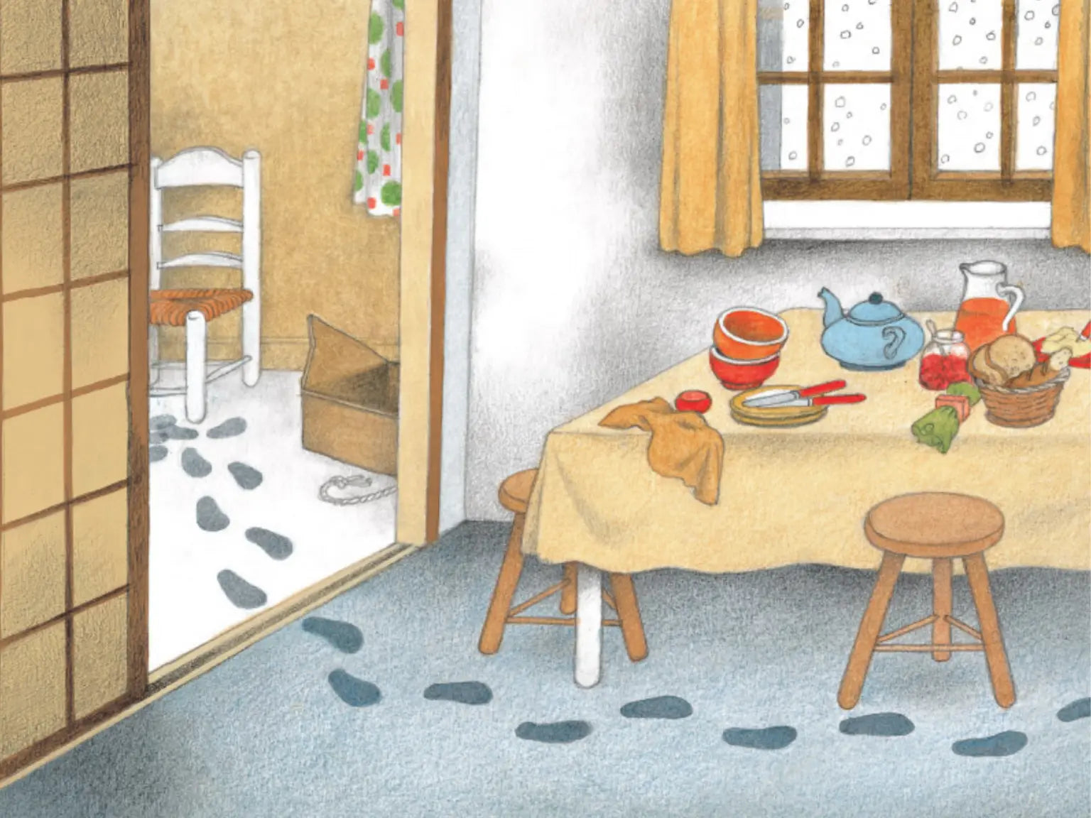 Illustration of a cozy room with a table set for tea, a chair, and a sliding door.