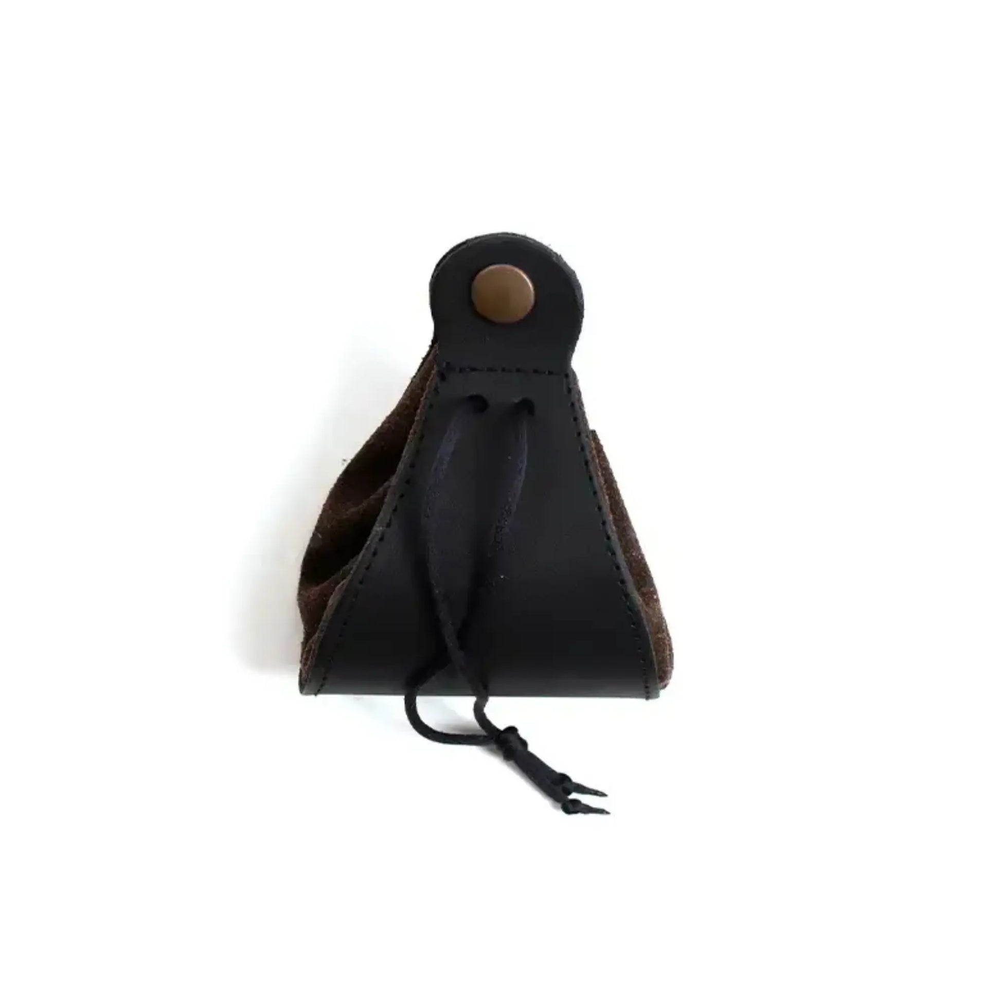 Black leather pouch with drawstring on a white background