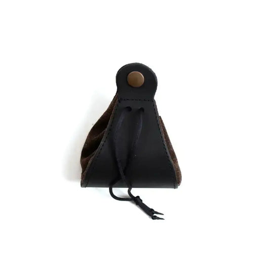 Black leather pouch with drawstring on a white background