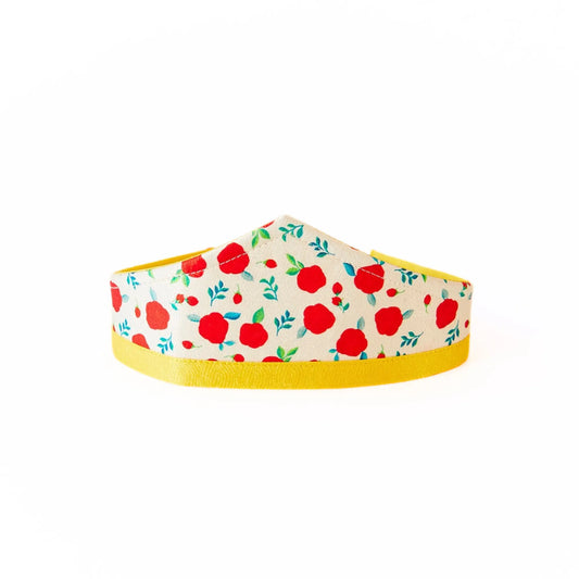 Sarah's Silks princess crown with red blossoms on a cream background with golden yellow trim