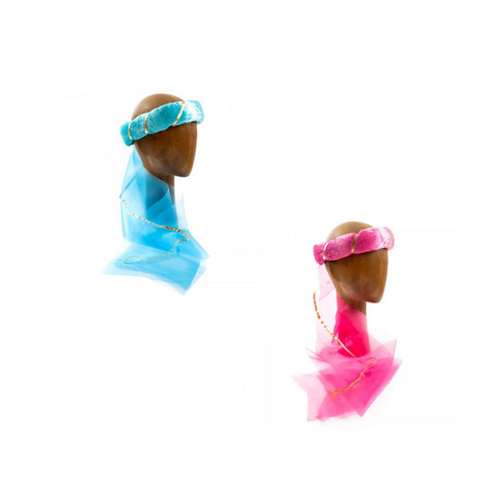 Two princess headbands with veils in blue and pink on a white background