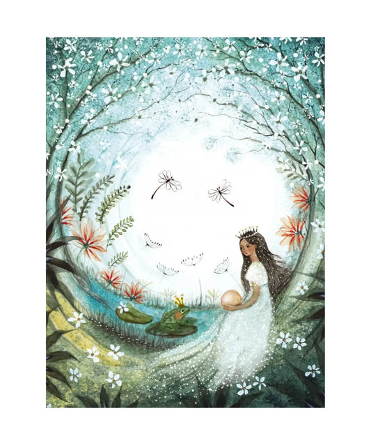 Princess and the Frog fairy tale postcard of a crowned princess holding a golden ball beside a frog in woodland pond