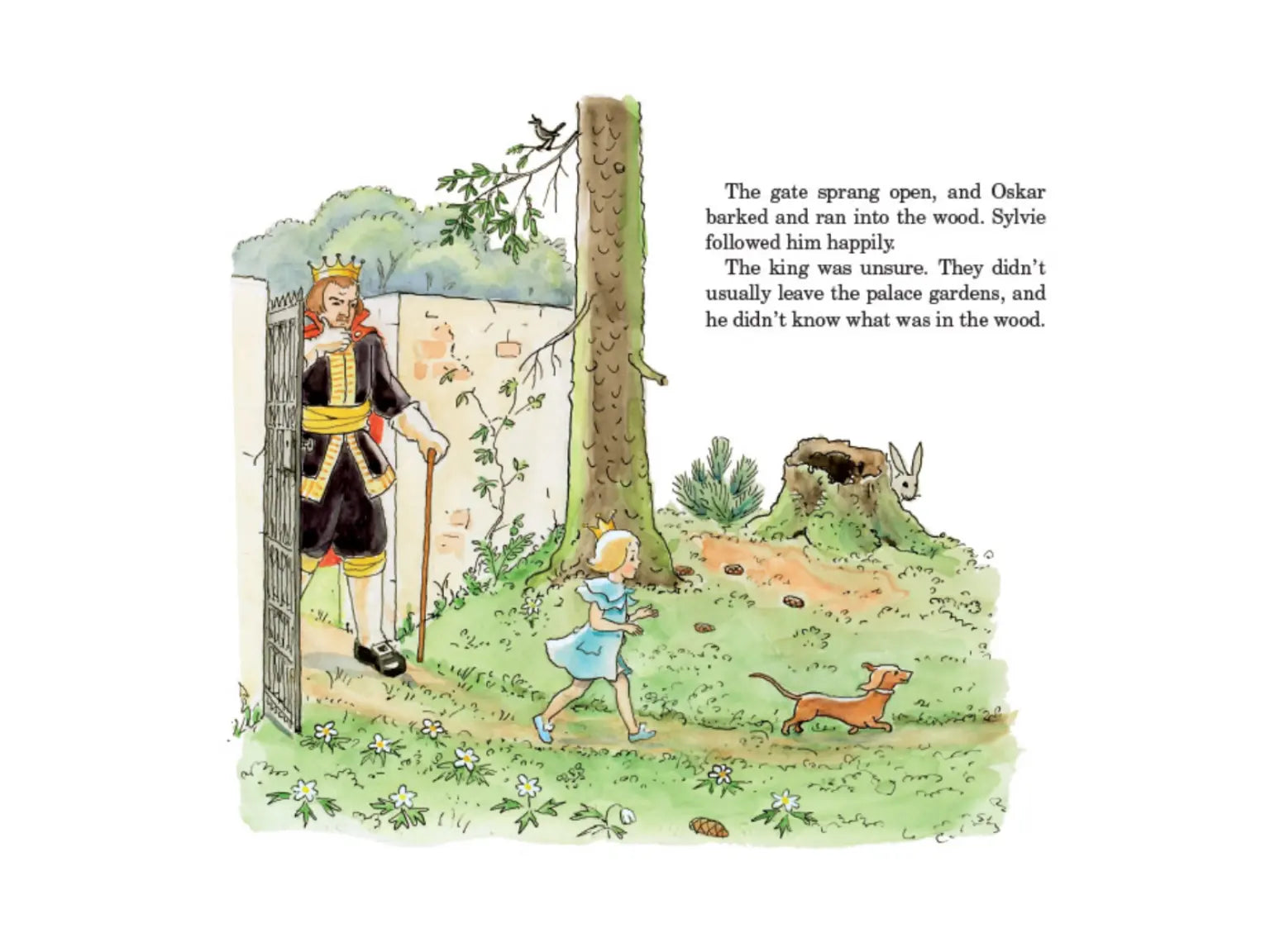 Illustration from a children's book with a character opening a gate, a girl running towards a dog, and text on a white background.