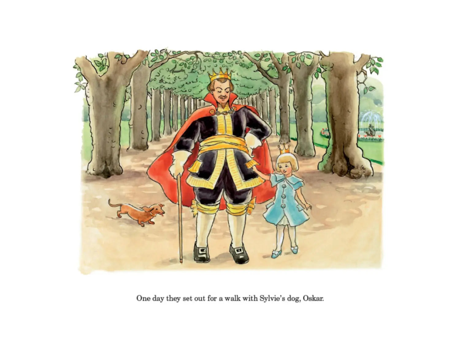 Illustration of a king and a child walking with a dog in a forest setting.