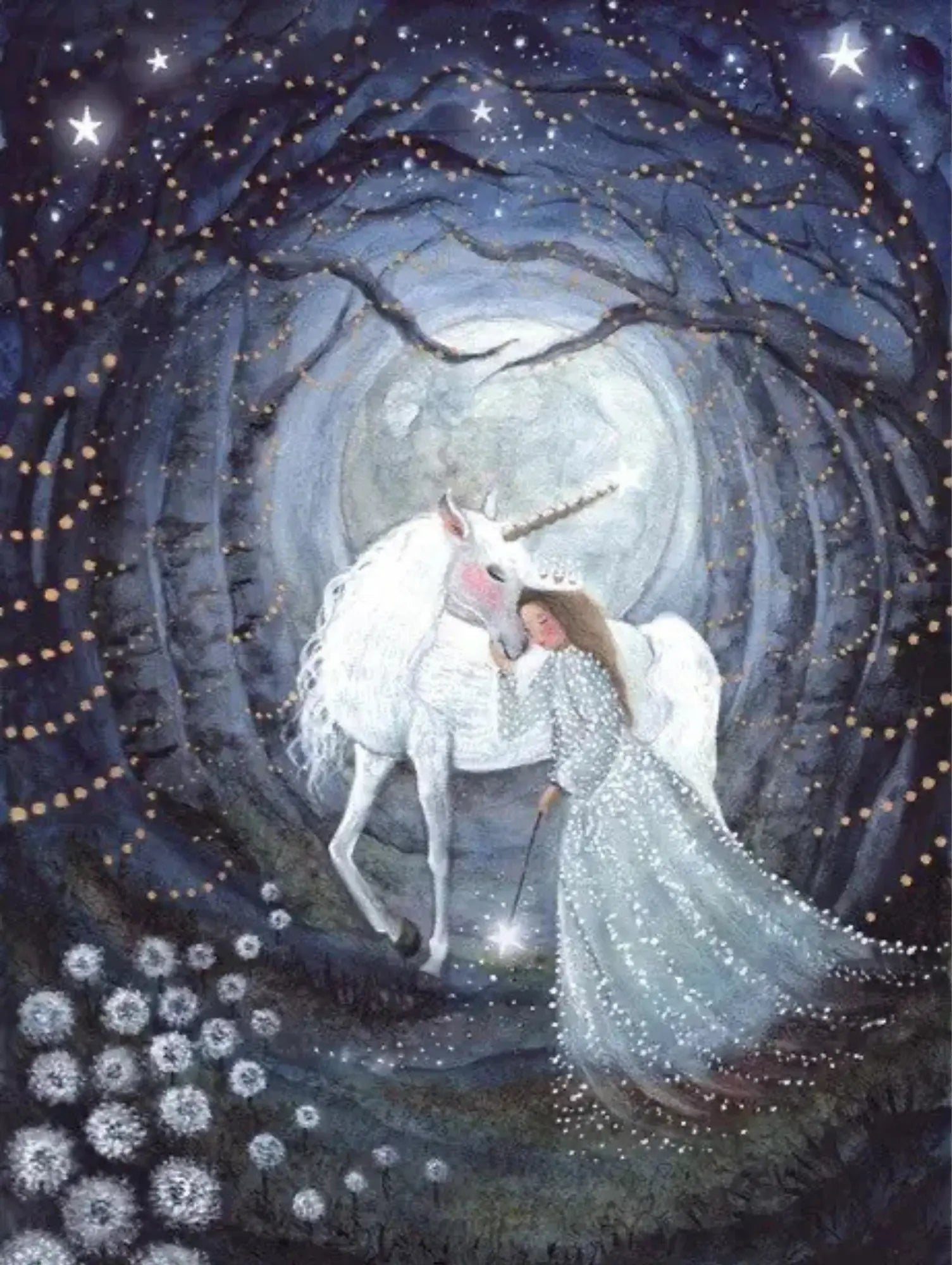 Princess in a silvery white dress standing next to a unicorn in a mystical forest with stars and moon.
