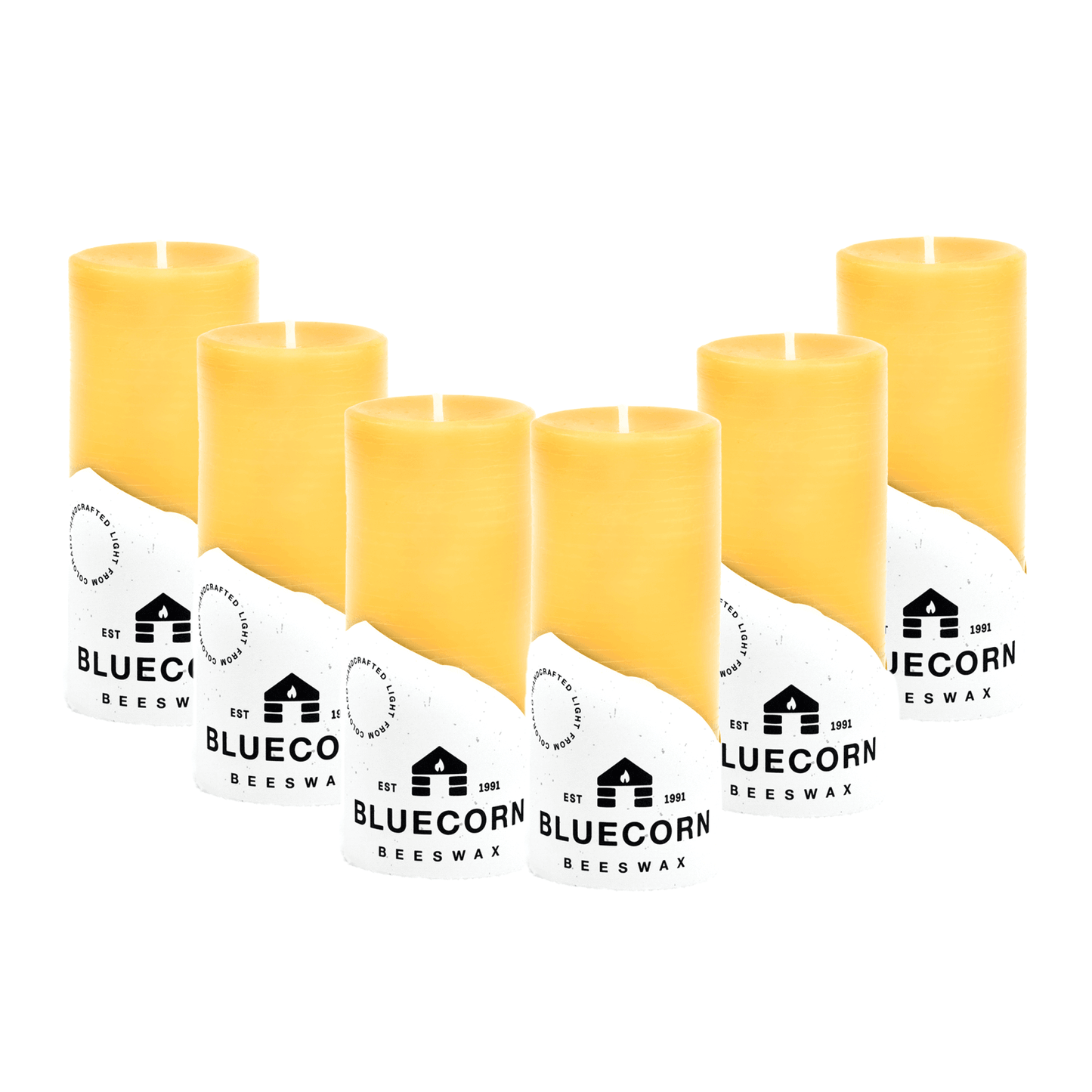 Set of six yellow candles in packaging with 'Bluecorn Beeswax' branding on a white background.