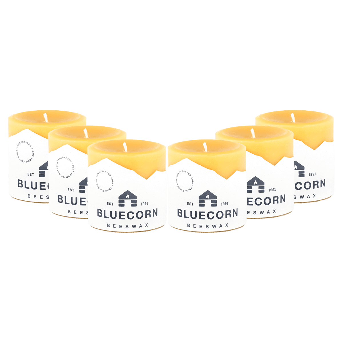 Set of six Bluecorn Beeswax candles on a white background