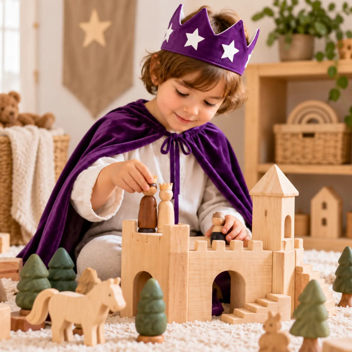 Child wearing a purple star cotton canvas crown during imaginative castle play