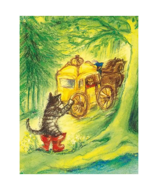 Fairytale postcard illustration of puss in boots waving at a carriage with a king