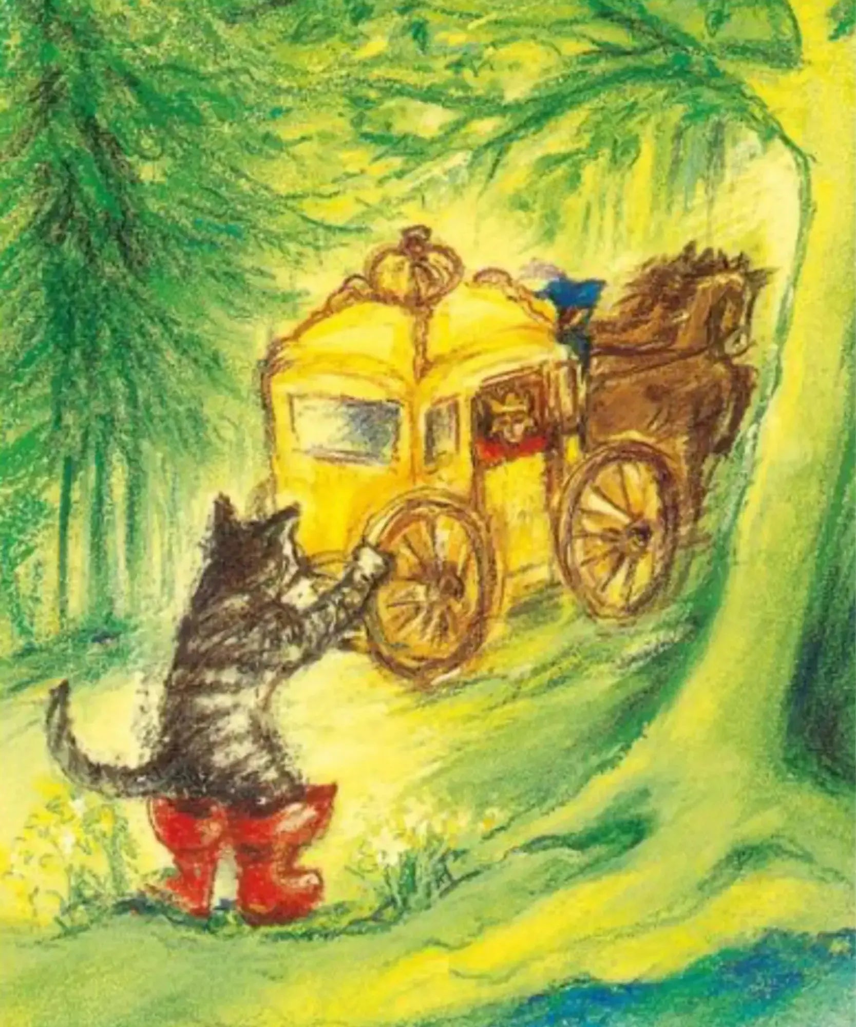 Fairytale postcard illustration of puss in boots waving at a carriage with a king