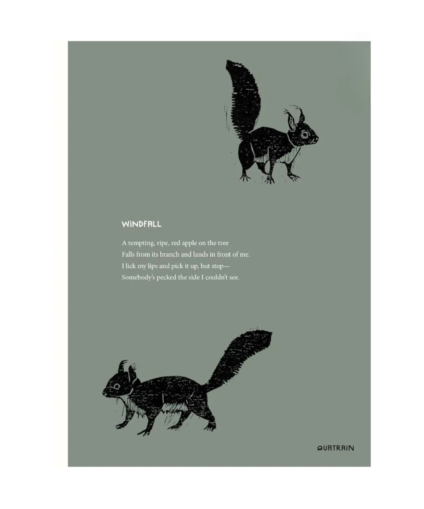a quatrain poem called Windfall with two woodcut squirrels on a green background
