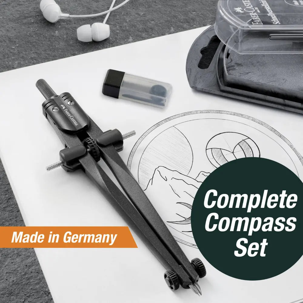 Faber-Castell quick-set geometry compass in storage case with spare parts and leads