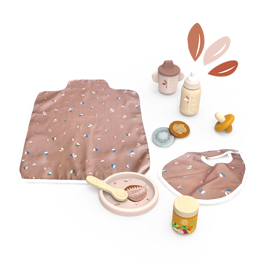 Doll care accessories including bib, bottle, spoon, pacifier, and changing pad for toddler pretend play