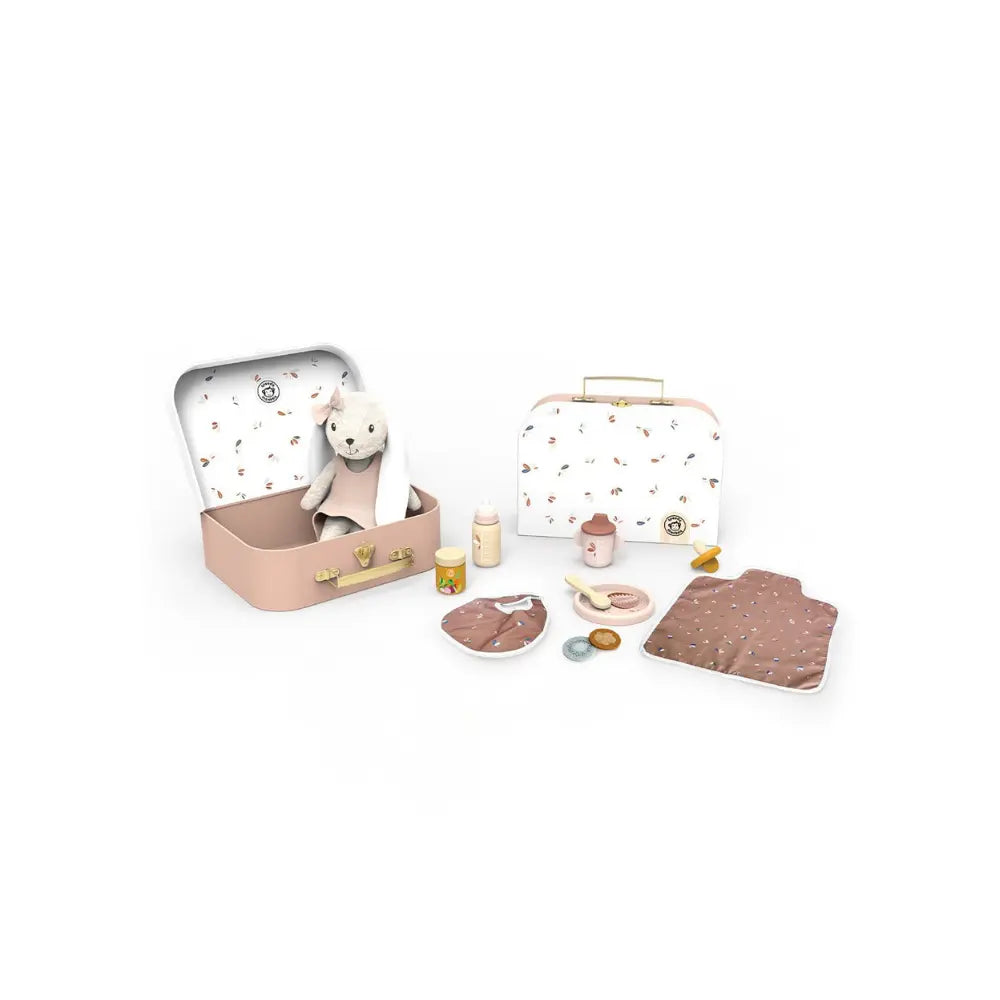 Rabbit doll care set with suitcase, feeding accessories, bib, and changing pad for pretend play