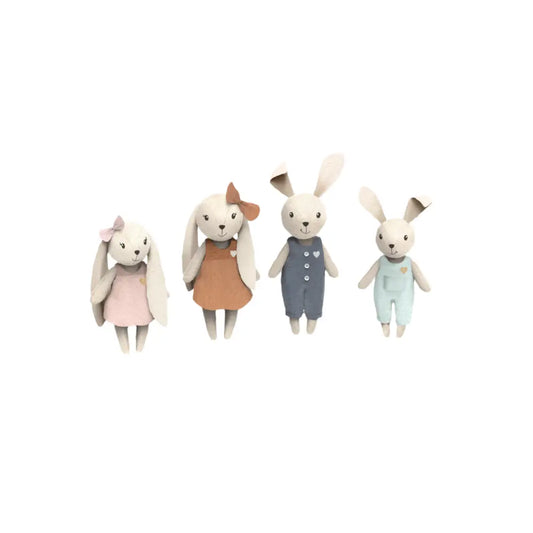 Rabbit family soft toy set with four linen bunny figures