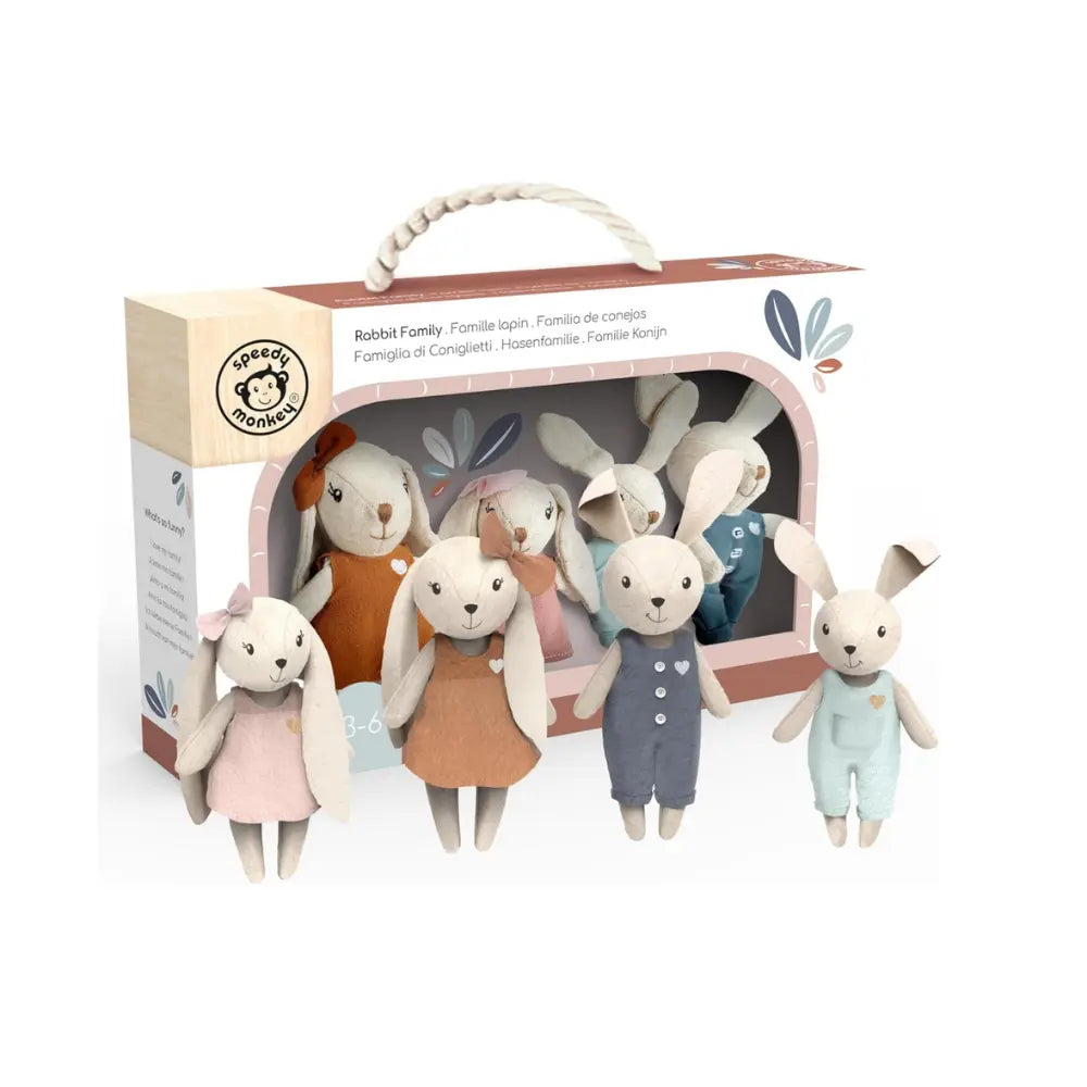 Rabbit family toy set with bunnies displayed in and outside of box