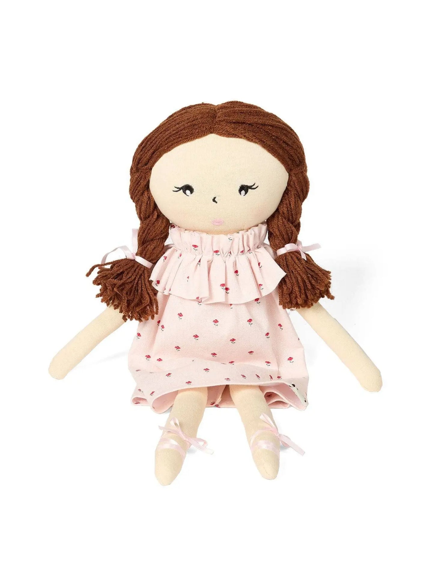 Front view of rag doll showing braided yarn hair and ribbon ties