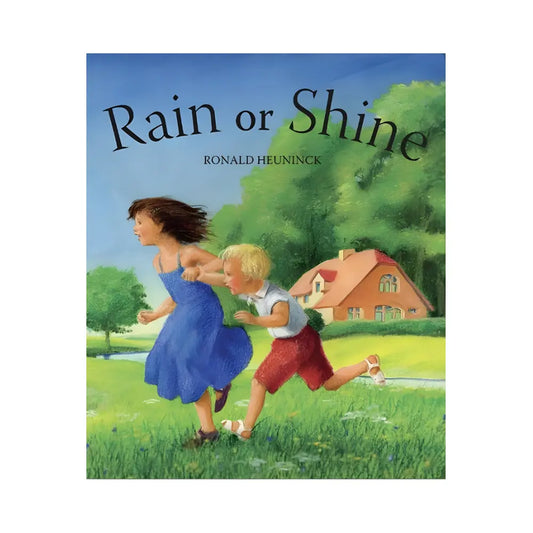 Book cover of 'Rain or Shine' featuring two children running in a park.