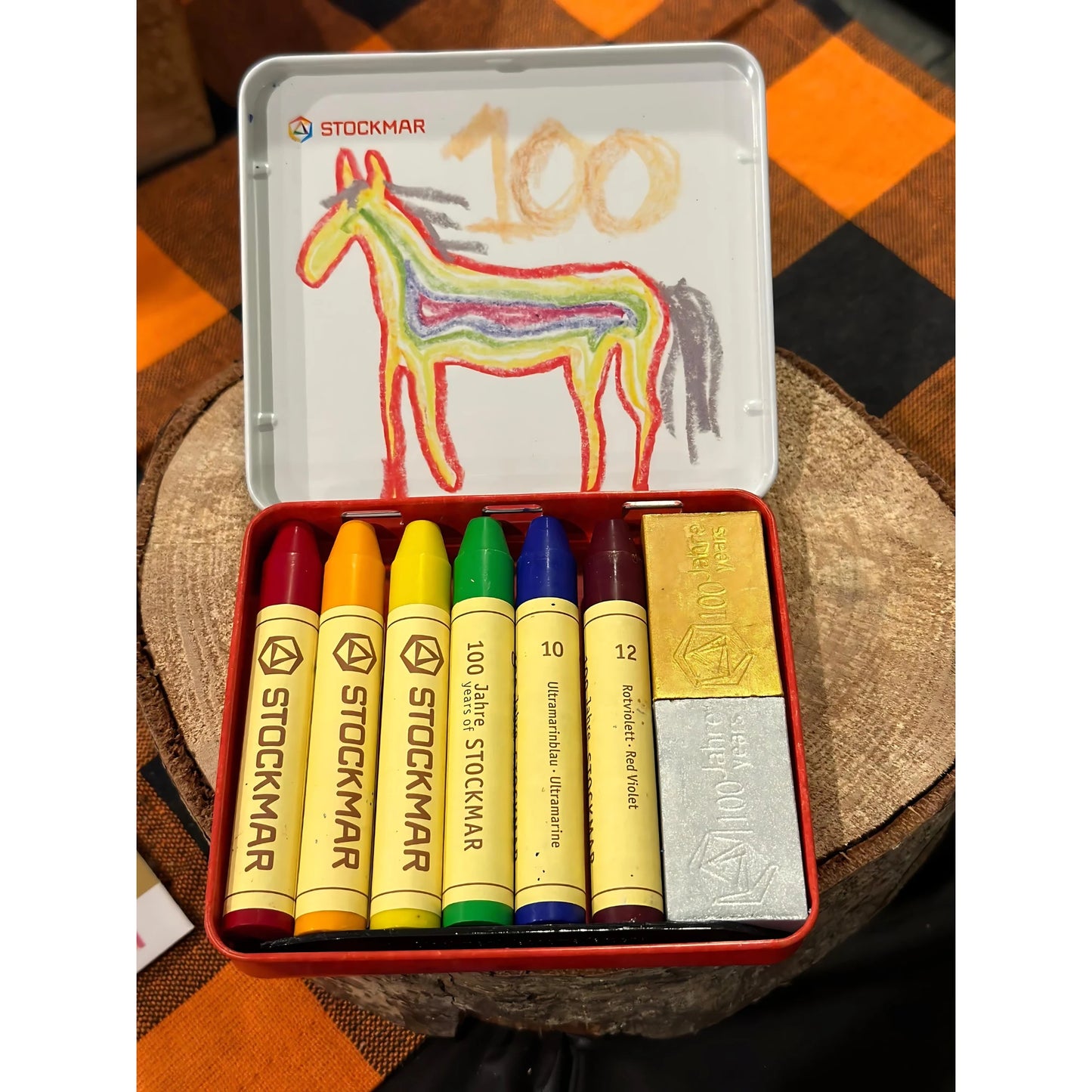 Stockmar rainbow edition beeswax crayons 8 color set inside collectible tin with stick and block crayons
