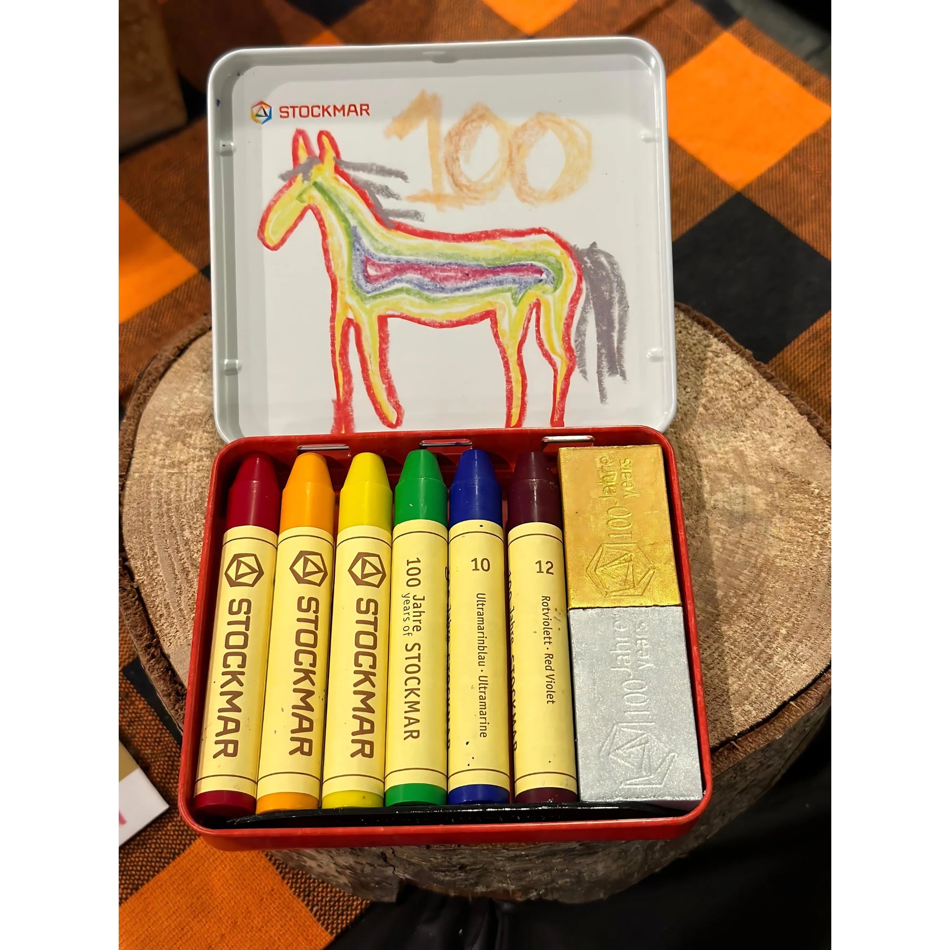 Stockmar rainbow edition beeswax crayons 8 color set inside collectible tin with stick and block crayons
