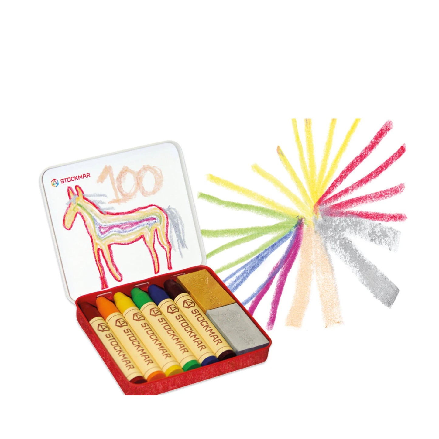 Set of colorful stick and block crayons in a tin with a drawing of a horse on a white background