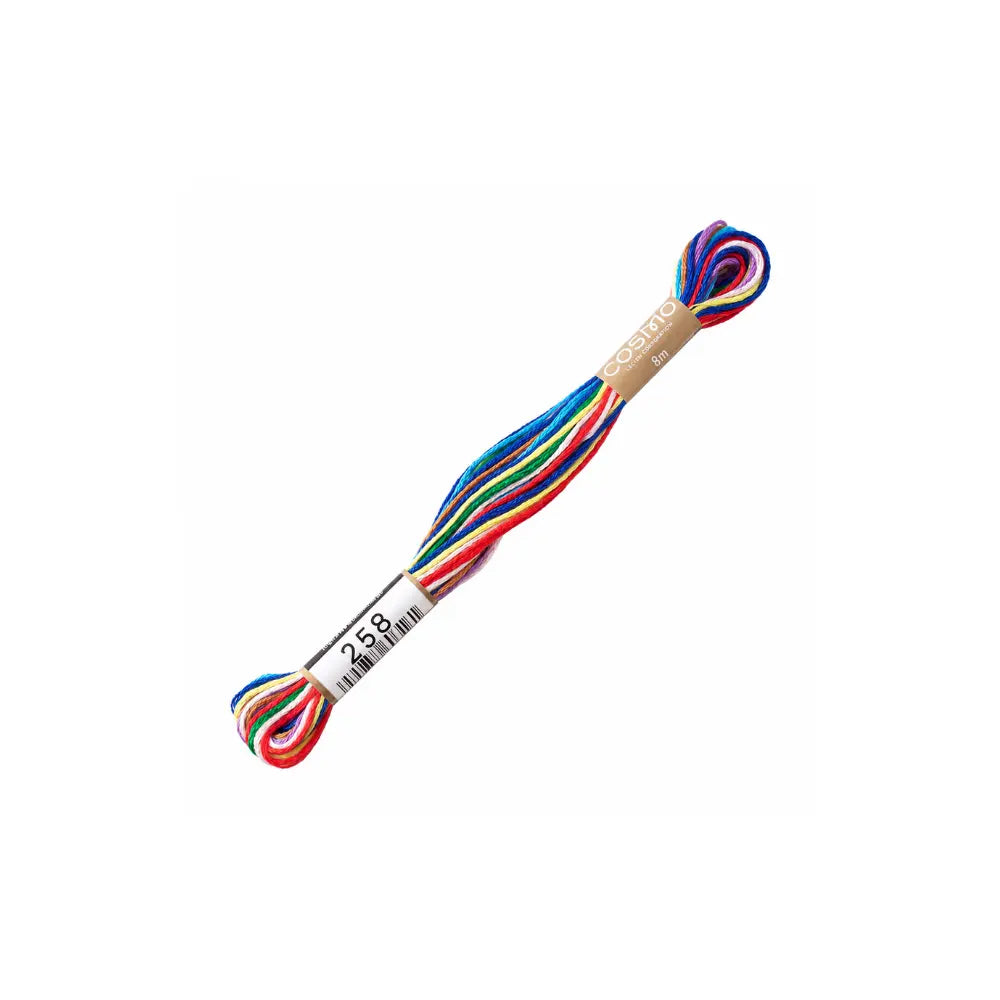 Colorful rainbow cotton embroidery floss on a white background