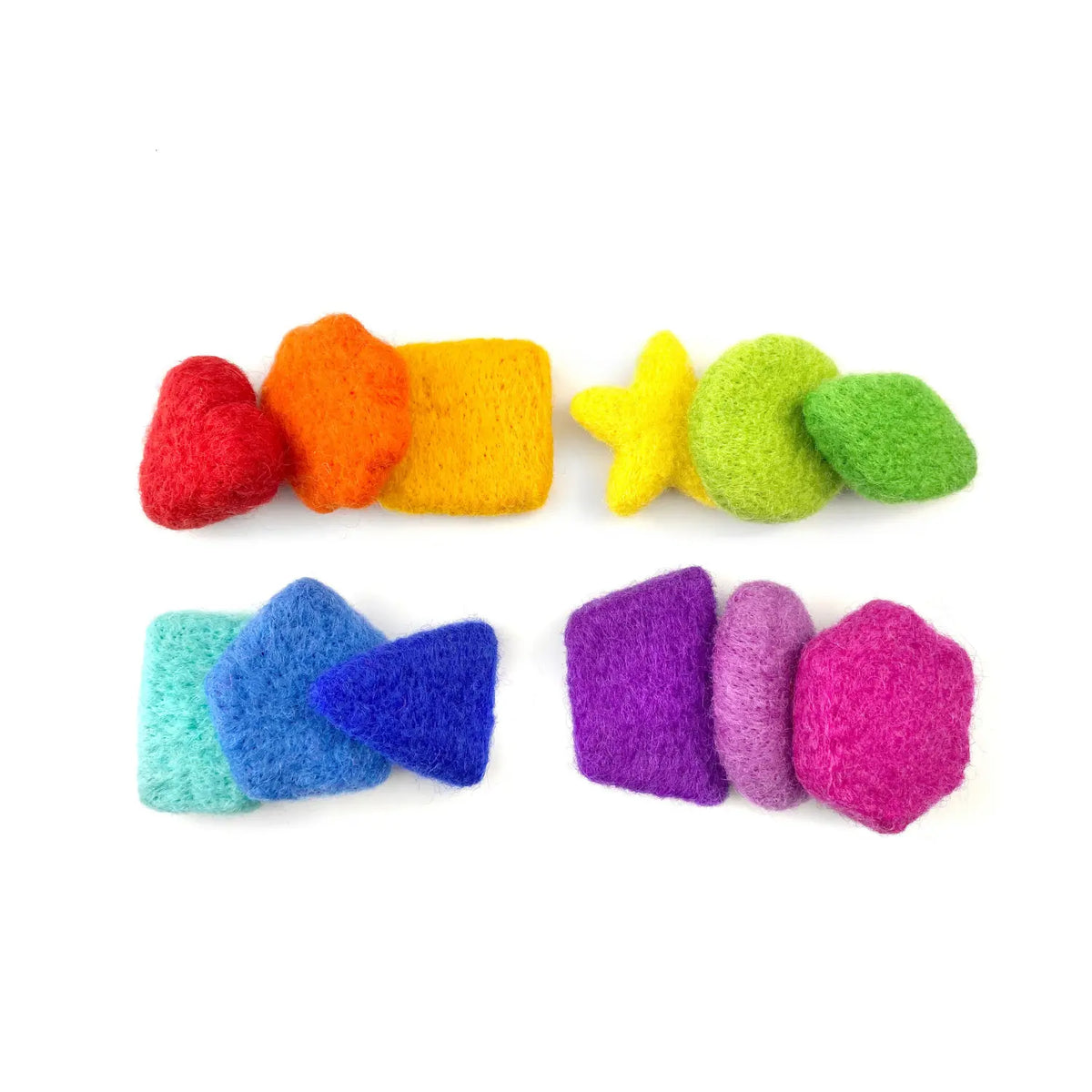 Rainbow wool felt sorting shapes grouped by color family: reds and oranges, yellows and greens, blues, and purples and pinks.