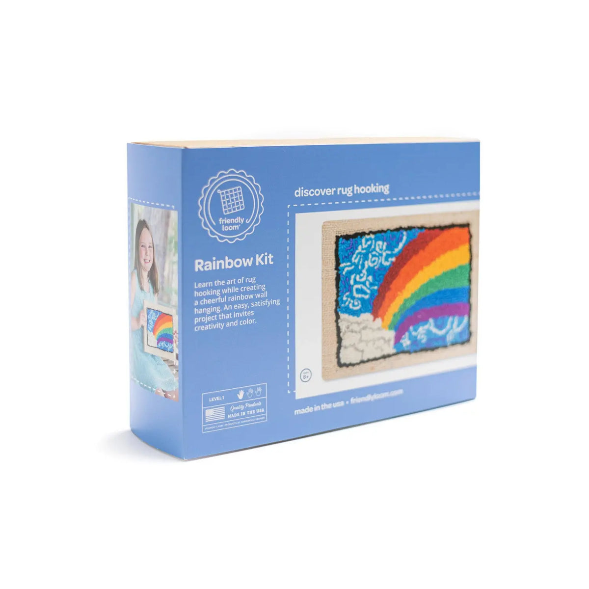 Friendly Loom Discover Rug Hooking Rainbow Kit box showing a finished wool rainbow and blue sky