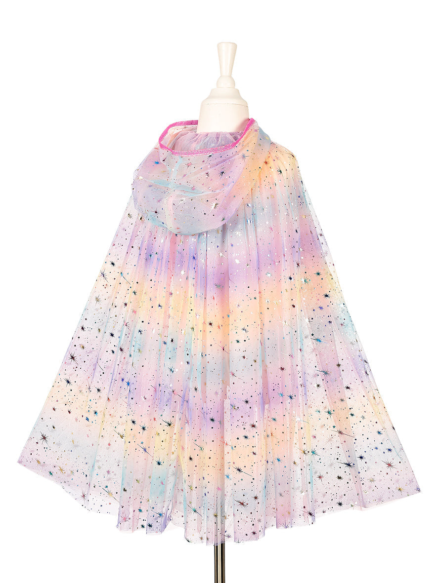 Back view of rainbow tulle cape showing full length and drape