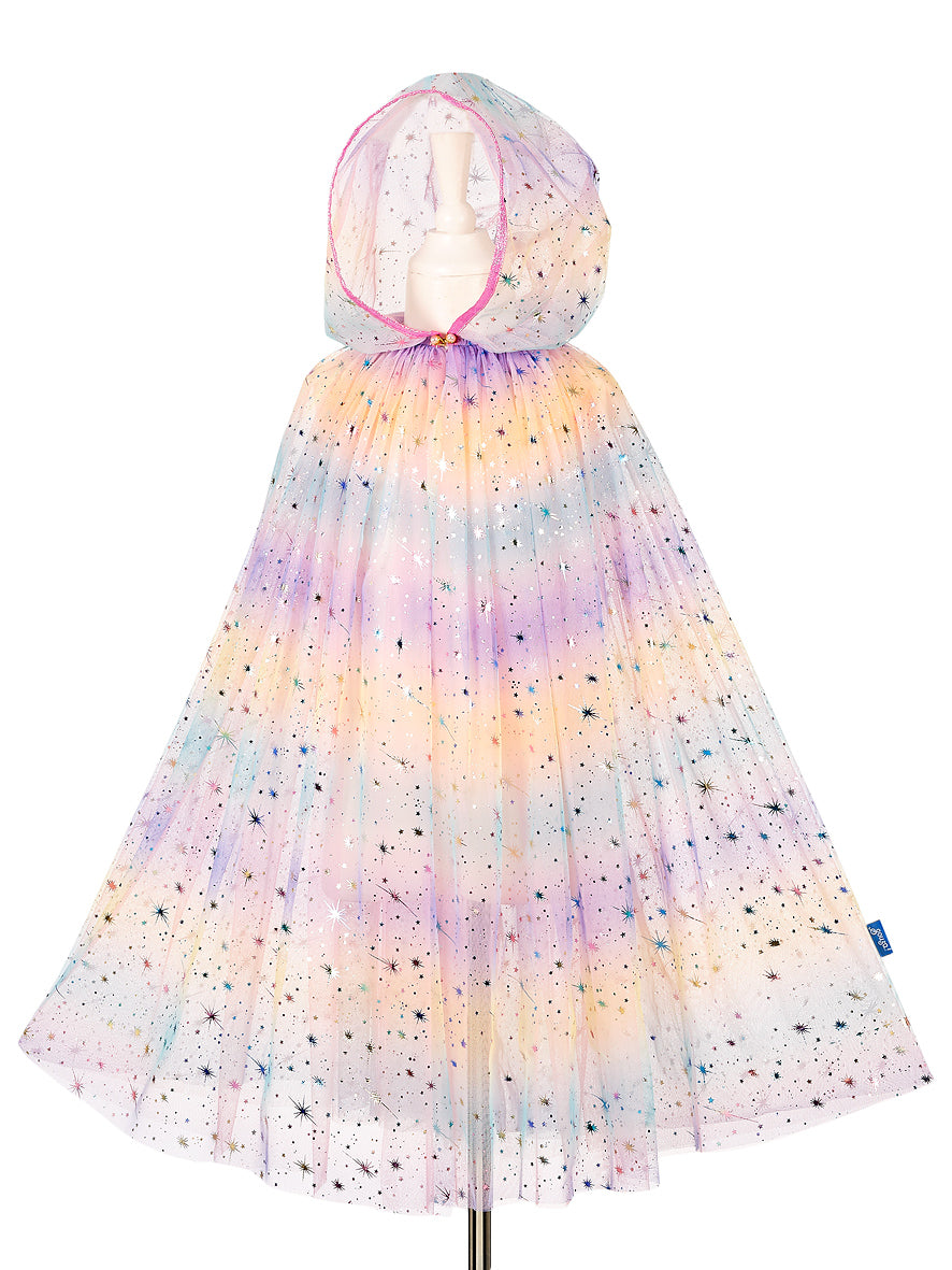 Rainbow tulle hooded cape for kids with soft layers and sparkle for dress-up play