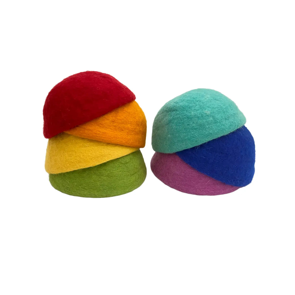Seven rainbow-colored wool felt bowls arranged in two stacks.