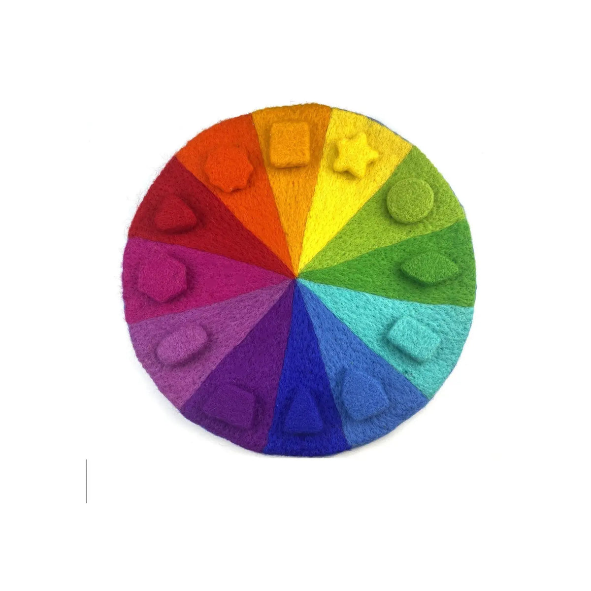 Wool felt sorting shapes placed on their matching colors on a 12-color rainbow felt play mat.