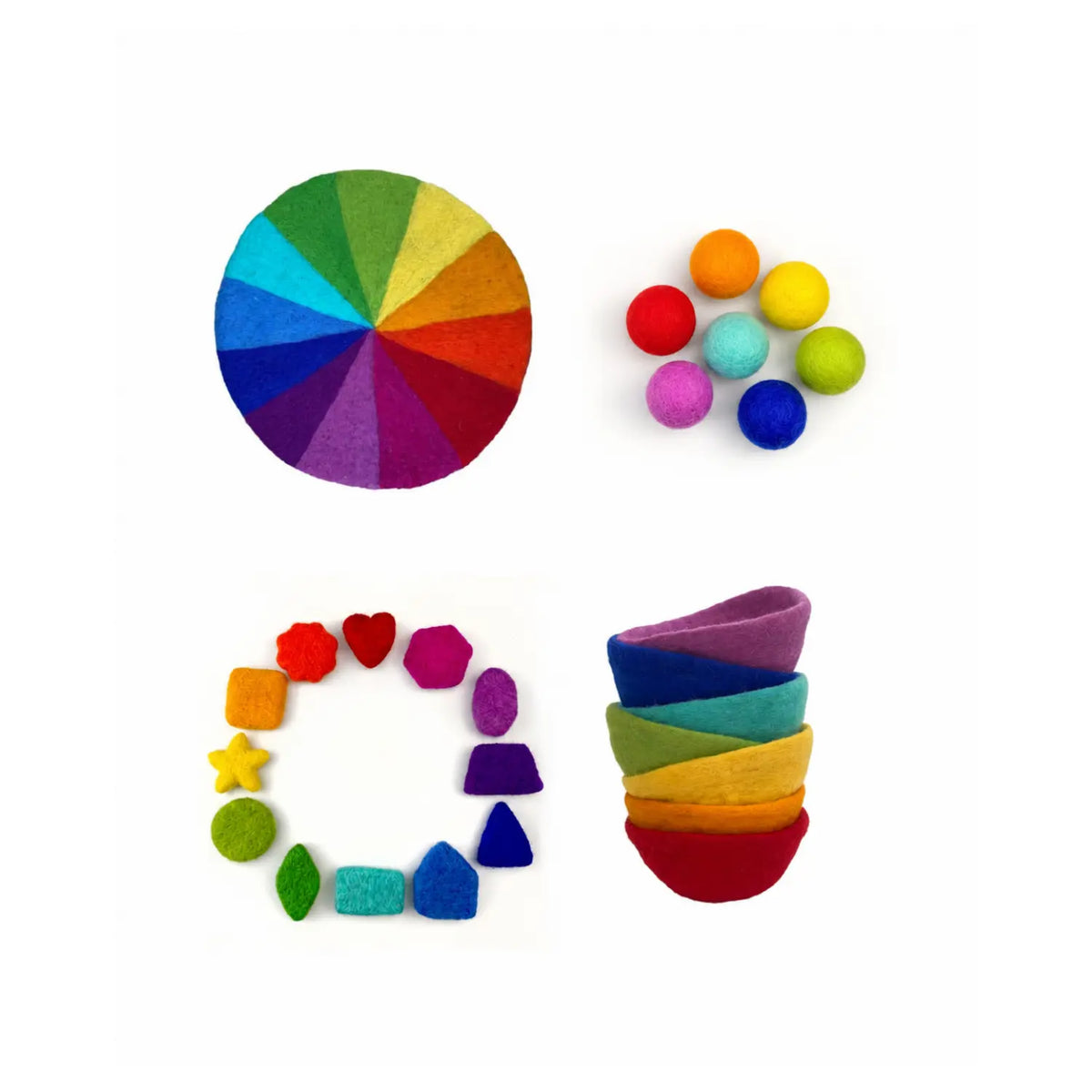 Rainbow wool felt sorting set laid out: a 12-color play mat, seven felt balls, 12 felt shapes in a circle, and seven stacked felt bowls.