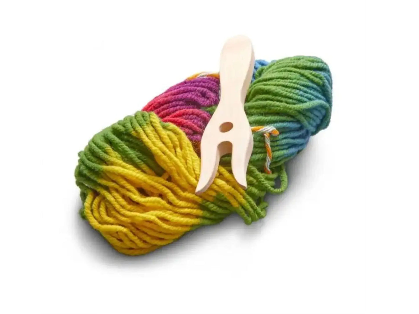 Rainbow yarn in blue, green, violet, red, and yellow with a wooden lucet in natural wood for kids